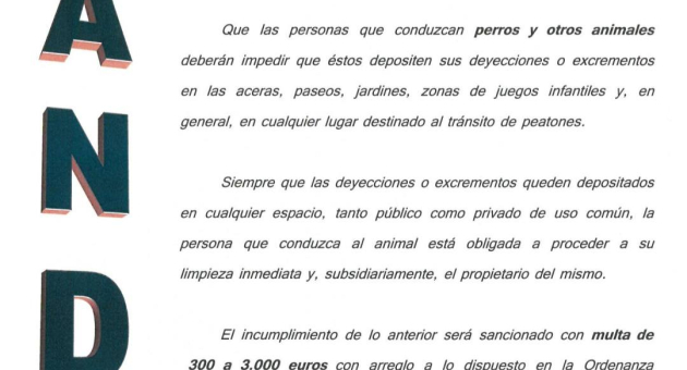 Bando: prohibición mediante sanción del depósito de excrementos de animales en vía pública